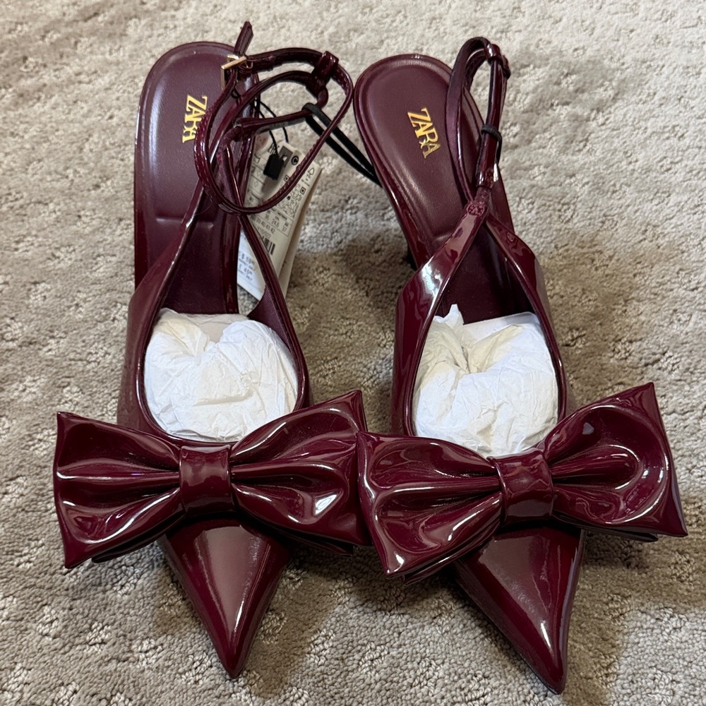 Zara Burgundy Patent Bow Pointed Toe Slingback Heels - Picture 6 of 7